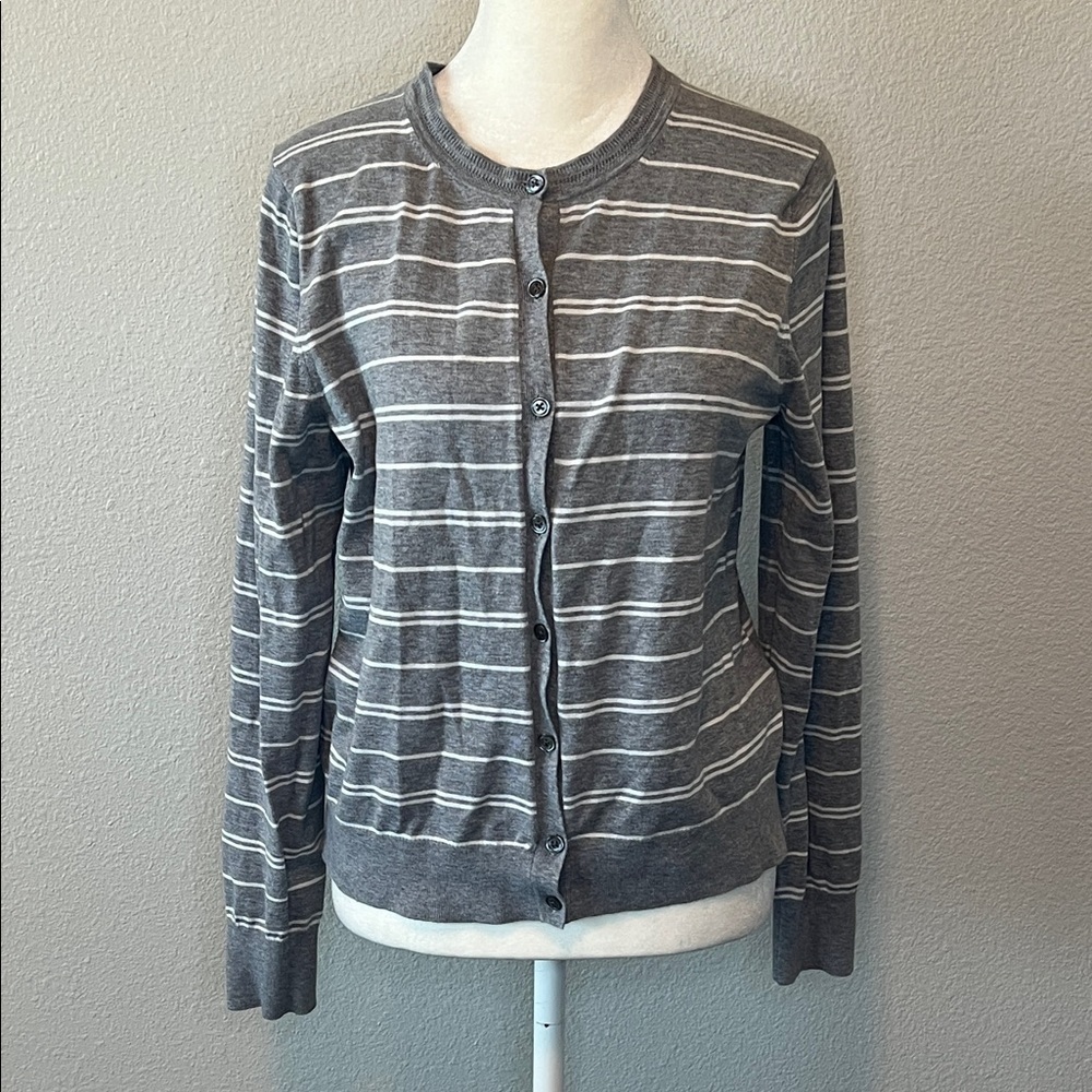 Banana Republic Stretch Cotton Cardigan Gray/White Stripe Size Medium